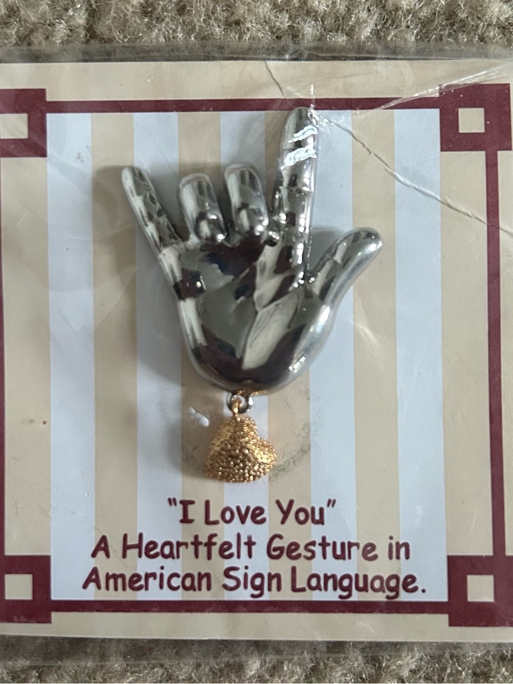 Silver 'I Love You' ASL Hand Pin with Gold Heart Accent